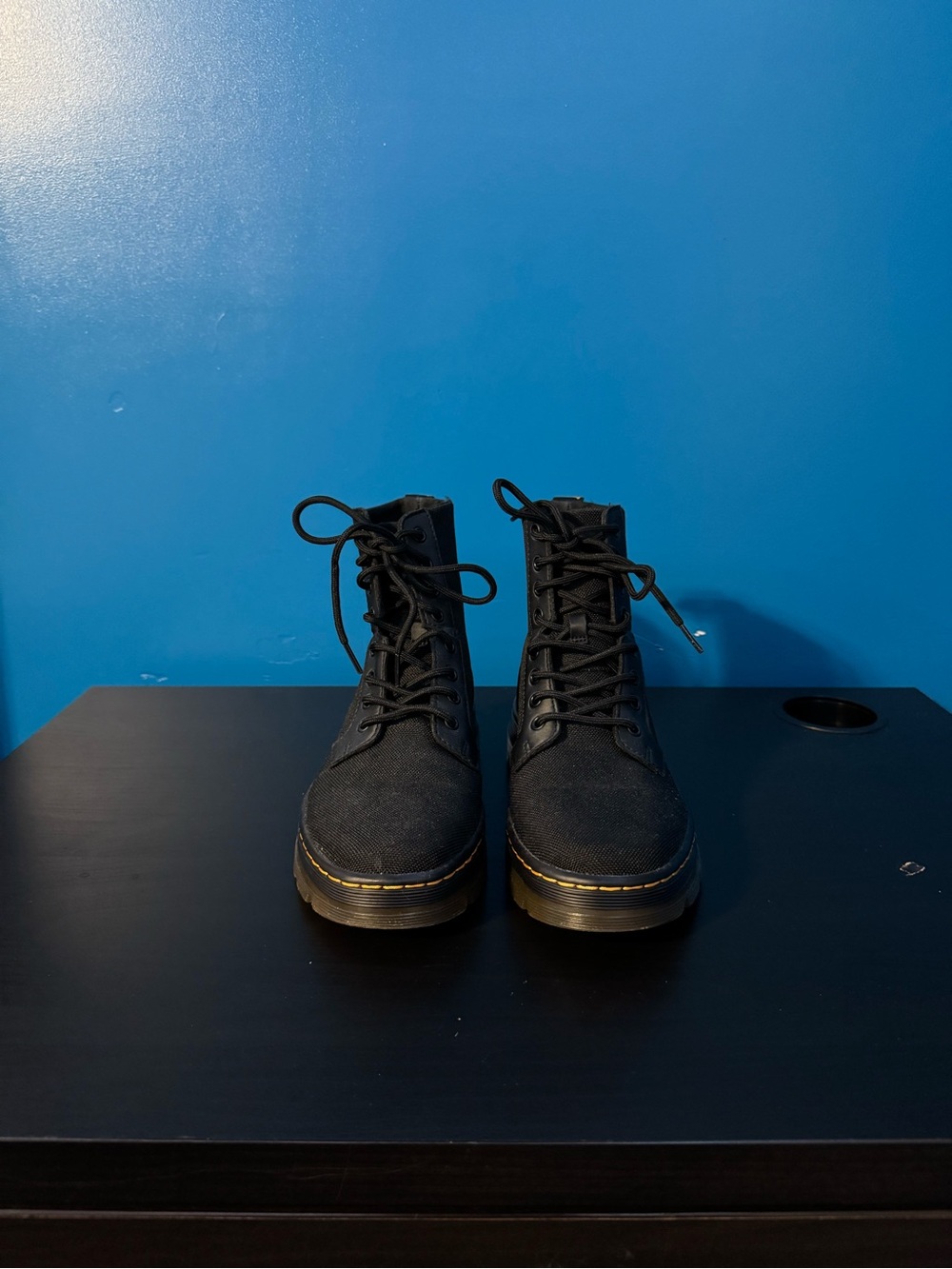 Dr. Martens Black Lace-Up Canvas Combat Boots with Yellow Stitching